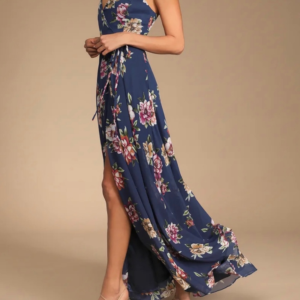 Lulus Always There For Me Navy Blue Floral Print Wrap Maxi Dress, Women’s Small